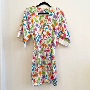 Vintage LA Intimates Set Robe  Night Gown Floral Print Satin Short Sleeve USA